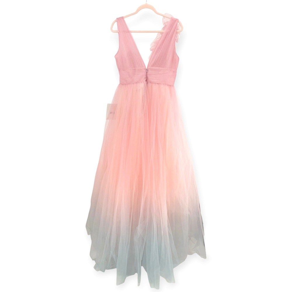 NWT Mac Duggal Pink Ruffle Shoulder V Neck Ombre Tulle Ball Gown - Size 10 - Picture 11 of 14